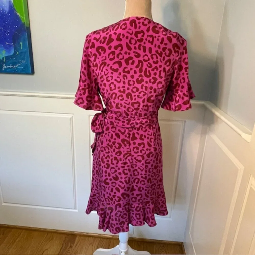 Marie Oliver Silk Leopard Wrap Dress Pink Ruffle Mini XS - Picture 6 of 12